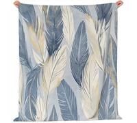 Flannel Throw Blanket All Season 70 x 100 cm, Soft Cozy Elegant Hand-Painted Feathers Pattern Fleece Blanket for Home Couch Chair Bed Sofa, Blue-Grey