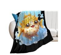 Flannel Throw Blanket Cute Puffer Fish All Seasons Warm Blankets Home Decor | Soft & Fluffy Blanket for Sofa, Couch & Bed, Breathable & Warm Bed Blankets
