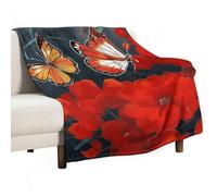 Flannel Throw Blanket - Super Soft Lightweight Throw Blanket Fuzzy Comfy Red Flowers and Butterflies Flannel Blankets Warm Plush Throw Blankets for Couch Sofa Bed 50"x60"