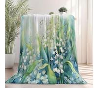 Flannel Throw Blankets Blue Green, Plants Lily Of The Valley Painting Pattern Soft Warm Sherpa Blanket for Kids Boys Girls - Fluffy Cozy Blanket Decor For Sofa Bed Travel Chair Office 150 x 200 cm