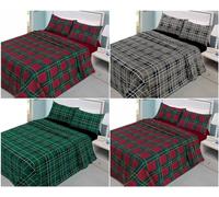 Flannelette 4pcs Tartan Check Sheets Set (Fitted Sheet, Top Flat Sheet, Pillowcases Pair) Warm 100% Brushed Cotton Soft Thermal Bed Sheet Sets (Rose Bud - Green, King Set 4 Piece)