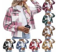Flannels Jackets for Women,Cropped Shacket Checked Jacket with Pockets,Fashion Plaid Button Down Long Sleeve Turndown Shirt Outwear,Fall Winter Coat Tops Ladies Outdoor Streetwear Outfits S-4XL