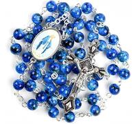 FlaomoZiek Catholic Rosary Necklace 6mm Blue Bead Rosary, Cross Prayer Beads Necklace Religious Jewellery for Women and Men, Catholic Gift Necklace