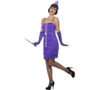 Purple Fringed Flapper 1920's Ladies Fancy Dress + Gloves & Headband XS to XXL