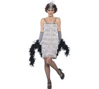 Smiffys Flapper Costume, Silver with Short Dress, Headband & Gloves, 1920's Razzle Fancy Dress, Adult Dress Up Costumes