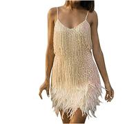 Flapper Dresses 1920s Gatsby Women Fringe Mini Dress Vintage V Neck Roaring Fancy Sequin Dress Cocktail Party Dress Club Tassels Ballroom Salsa Samba Tango Latin Dance Dress UK Clearance Beige