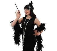 FLAPPER FANCY DRESS COSTUME SET BLACK FRONT FRINGE DRESS + BLACK FEATHER BOA + CIGARETTE HOLDER + BLACK HEADPIECE 1920'S CHARLESTON OUTFIT