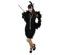 FLAPPER FANCY DRESS COSTUME SET BLACK FRONT FRINGE DRESS + BLACK FEATHER BOA + CIGARETTE HOLDER + BLACK HEADPIECE 1920'S CHARLESTON OUTFIT
