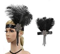 Flapper Feathered Headband 1920s Headdress Flower Feathers Crystal Beaded Feather Headpiece 20's Party Headpiece Wedding Elastic Cocktail Carnival Party Headwear Carnival Hair (Black, One Size)