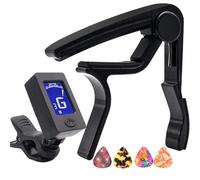 Flare Guitar Capo with Clip On Guitar Tuner for Acoustic Electric Guitar Ukulele and 4 Guitar Picks (Black)