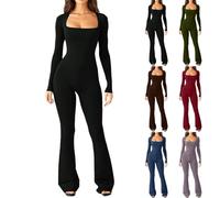 Flare Jumpsuits for Women Long Sleeve One Piece Full Bodysuits Square Neck Wide Leg Full Length Romper Playsuit Yoga Unitards Black One Piece Jumpsuits for Women