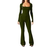 Flare Jumpsuits for Women Long Sleeve One Piece Full Bodysuits Square Neck Wide Leg Full Length Romper Playsuit Yoga Unitards Green Wide Leg Length Romper