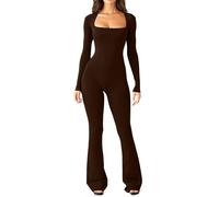 Flare Jumpsuits for Women Long Sleeve One Piece Full Bodysuits Square Neck Wide Leg Full Length Romper Playsuit Yoga Unitards Brown Yoga Jumpsuits for Women