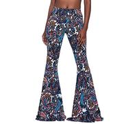 Flare Leggins Wide Leg Bootcut Trousers Boho Hippie Printed Bohemian Elasticated Pants Slim Fit High Waisted Comfy Vintage Pattern Loungewear Casual Club Disco Festival Party Blue Floral XL