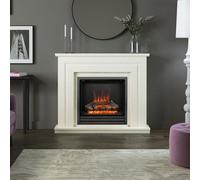 Flare Whitham Electric Fireplace Suite White 2Kw Heater Realistic Log Bed Led Flame Thermostat Flat Wall Fit