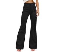 Flared Corduroy Trousers Women Bootcut Pants Vintage Solid Color Flare Pants Bootleg Cord Pants Comfort Stretch High Waist Wide Legs Trousers Casual Long Bell Bottom Trousers Black