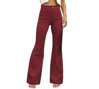 Flared Corduroy Trousers Women Bootcut Pants Vintage Solid Color Flare Pants Bootleg Cord Pants Comfort Stretch High Waist Wide Legs Trousers Casual Long Bell Bottom Trousers Wine