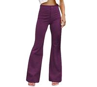 Flared Corduroy Trousers Women Bootcut Pants Vintage Solid Color Flare Pants Bootleg Cord Pants Comfort Stretch High Waist Wide Legs Trousers Casual Long Bell Bottom Trousers Purple