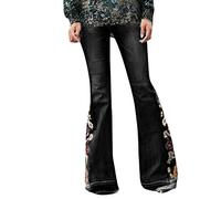 Flared Jeans for Women Flared Fit Jeans Washed Long Denim Pants with Floral Embroidery Bell Bottom Plus Size Wide Leg Denim Pants Full Length Sailor Pants Low Rise Flare Leg Jeans for Women (Black, M)