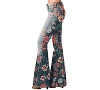 Flared Jeans for Women Petite High Waisted Wide Leg Bell Bottom Work Denim Pants Ladies Fashion Gradient Boho Floral Walkng Trousers All Waist Sizes with Pockets