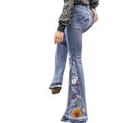 Flared Jeans for Women - Washed Long Denim Pants with Floral Embroidery - Bell Bottom Plus Size Wide Leg Sailor Pants - Low Rise Flare Leg Jeans (Blue1, XXL)