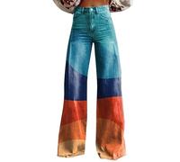 Flared Jeans for Women Women's Blue Flower Print Casual Wide Leg Pants Black Pants for Women (Blue, M)