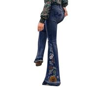 Flared Trousers Women's Jeans with Flowers Elegant Stretch Jeans Bootcut Flared Trousers Fashion Retro Skinny Slim Trousers Casual High Waist Wide Jeans Fashion Wide Leg Retro Style Denim Pants 70s