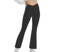 Flared Yoga Pants For Women Petite - Ladies Cropped Trousers Elasticated Waist Wide Leg Ladies Bottoms Stretch Light Weight Elasticated Waist Wide Leg Flared Tailored High Solid Color With Pockets