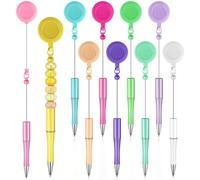 Flaroey 10 Pcs Beadable Pens Black Ink Bead Pens DIY Pens Retractable Badge Reel Pen Ballpoint Pull Clip Pen for Office Teacher