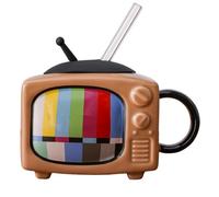 Flaroey Ceramic Square Coffee Cup Set with Straw and Lid Tea Cup Retro TV - Chocolate