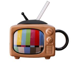 Flaroey Ceramic Square Coffee Cup Set with Straw and Lid Tea Cup Retro TV - Chocolate