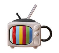 Flaroey Ceramic Square Coffee Cup Set with Straw and Lid Tea Cup Retro TV - Light Gray