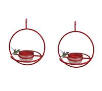 Flaroey Circular Hanging Bird Feeder, Stackable Hanging Humming Bird Feeder with Metal Frame Red Plastic Bowl Easy to Use 2PCS