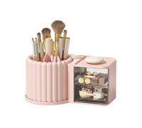Flaroey Makeup Brush Holder Organizer with 2 Drawers,360° Rotating Makeup Organizer Countertop,Capacity Display Case Easy to Use Pink