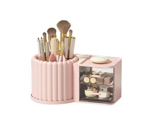 Flaroey Makeup Brush Holder Organizer with 2 Drawers,360° Rotating Makeup Organizer Countertop,Capacity Display Case Easy to Use Pink