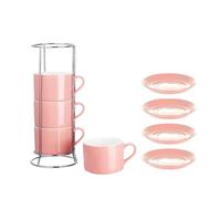 Flaroey Porcelain Stackable Cappuccino Cups with Saucers and Metal Stand, Espresso Cups for Latte Coffee Cafe,Specialty Coffee C