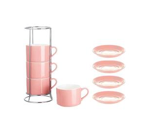 Flaroey Porcelain Stackable Cappuccino Cups with Saucers and Metal Stand, Espresso Cups for Latte Coffee Cafe,Specialty Coffee C