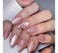 Flash Cat Eye Press-On Nails in Almond Shape - 24Pcs Pink Glitter False Nails with Gradient Glossy Finish and Strong Hold, Full Cover Design.