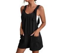 Flash Deals of The Day Women's Tie Shoulder Overall Shorts Scoop Neck Plus Size Solid Color Summer Casual Wide Leg Romper with Pocket Pocket Short Sleeve Adjustable Jumpsuit UK Sale Clearance Black