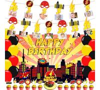 Flash Hero Birthday Party Decoration, Flash Hero Man Happy Birthday Photo Banner Cartoon Hero Birthday Decorations with Backdrop Balloons Cupcake Toppers for Boy s Funny Party Supplies