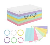 FlashCard 300 Pcs Ruled Index Cards, Cue Cards with Lined, Revision Supplies, 3 x 5 Inch Coloured NoteCards with 6 Binder Rings for Studying, Office and Home