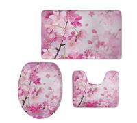 Flashideas Cherry Blossom Bathroom Rugs Sets 3 Piece Absorbent Bath Mat Set Toilet Lid Cover and Bath Rug Non Slip Contour Mat with Backing for Tub Toilet Bathroom