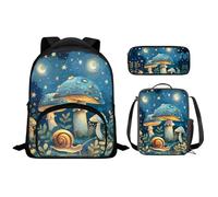 Flashideas Kids Backpack Set 3Pcs Kids Backpack For Girls Cute School Backpack with Lunch Bag Pen Bag Set, Blue Mushroom, One Size, Rucksack Backpacks