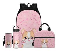 Flashideas Kids Backpack Set of 4 with Lunch Bag, Insulated Water Bottle and Bottle Cover, Cute Corgi 3, One Size, Rucksack Backpacks