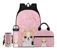 Flashideas Kids Backpack Set of 4 with Lunch Bag, Insulated Water Bottle and Bottle Cover, Cute Corgi 3, One Size, Rucksack Backpacks