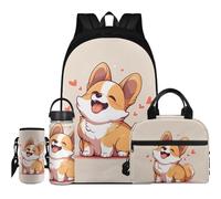 Flashideas Kids Backpack Set of 4 with Lunch Bag, Insulated Water Bottle and Bottle Cover, Cute Corgi, One Size, Rucksack Backpacks