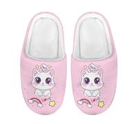 Flashideas Toddler Kids Fur Lined Warm Slip On Slippers Soft Plush Slippers, White Cat 1, 13-13.5 Big Kid
