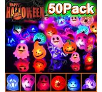 Flashing Led Light Halloween Rings Bulk, 50pcs Led Glow-In-The-Dark Halloween Rings, The Dark Party Supplies Goodie Non Candy Bag Filler Treats Prizes Decorations New Version (50P)
