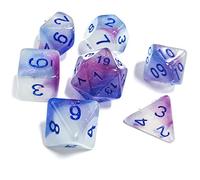 FLASHOWL Luminous Polyhedral Dice Set for Dungeons and Dragons: 7 Pieces RPG Dice Set (D4, D6, D8, D10, D12, D20, D%) in Purple, Blue, White. Acrylic Material, Hexahedron Shape