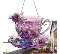 Flat Acrylic Pendant Decor, Teacup with Flowers 2D Acrylic Decor for Wall, Sunlight Catcher Vintage Style For Dining Room Bedroom Living Room Conservatory